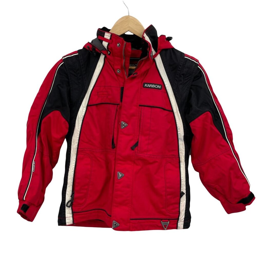 Karbon Ski Jacket Youth 12 Red Nylon‎ Hood Pockets Snow Skirt Embroidered Back